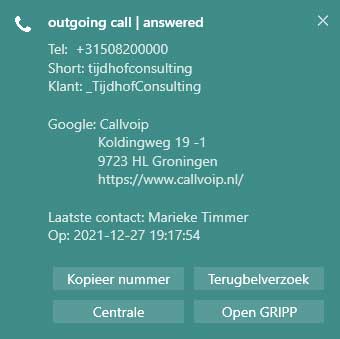 Pop-up bubble Callvoip koppeling met Exact Gripp